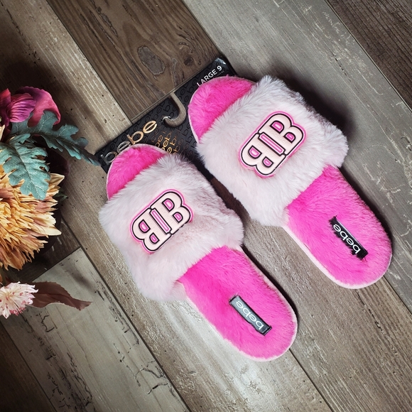 NWT Bebe Pink Fuzzy Women's Memory Foam Slippers Large Size 9 - Picture 12 of 16